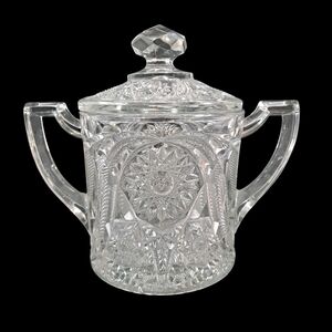 Vintage Cut Glass Lidded Bisquit Jar Double Handle Glows